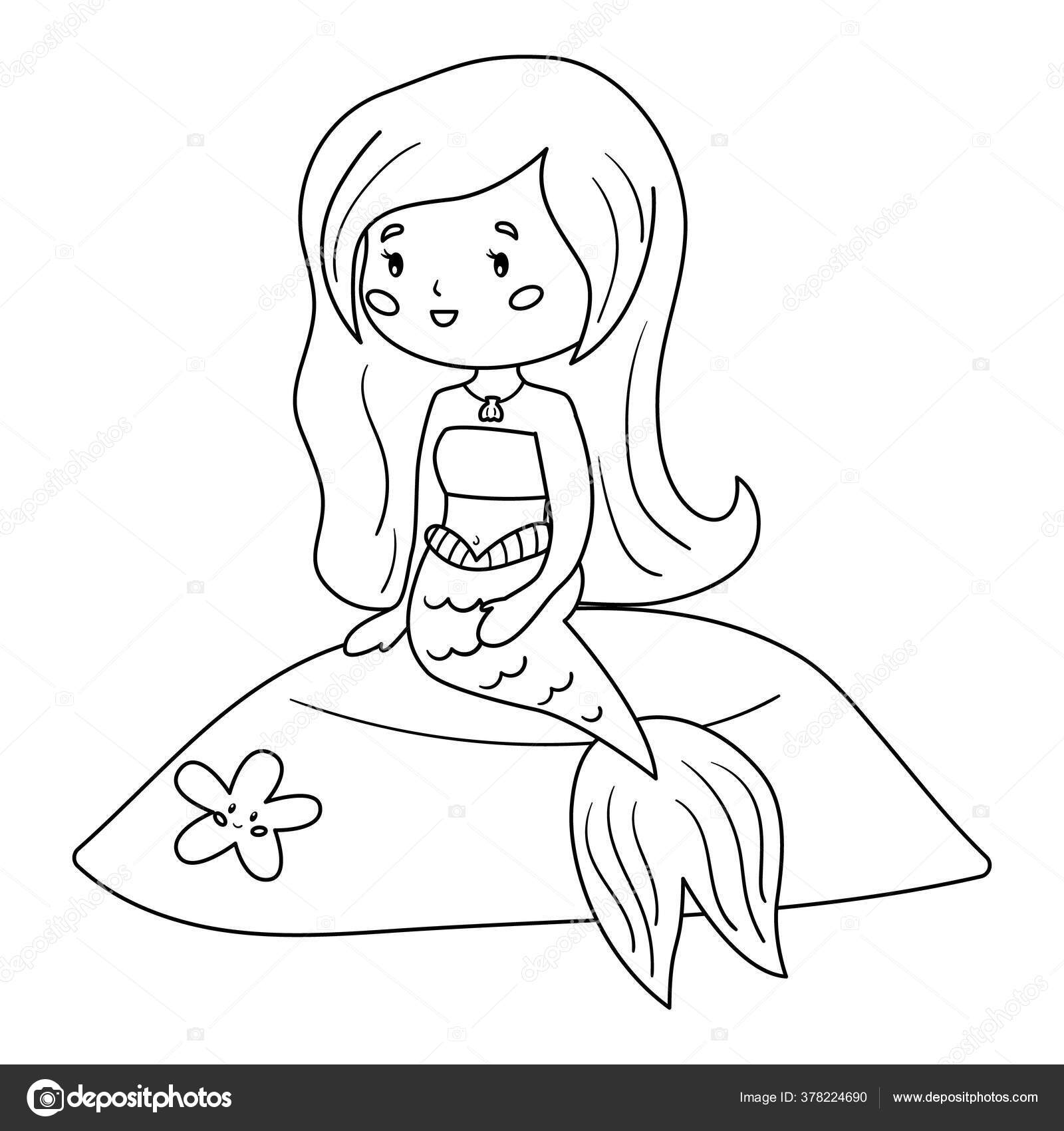 Desenho para colorir para crianças. Bonita sereia dos desenhos animados  está sentado na rocha. Personagens kawaii vetores. Estrela-do-mar . imagem  vetorial de kristina0702© 378224690